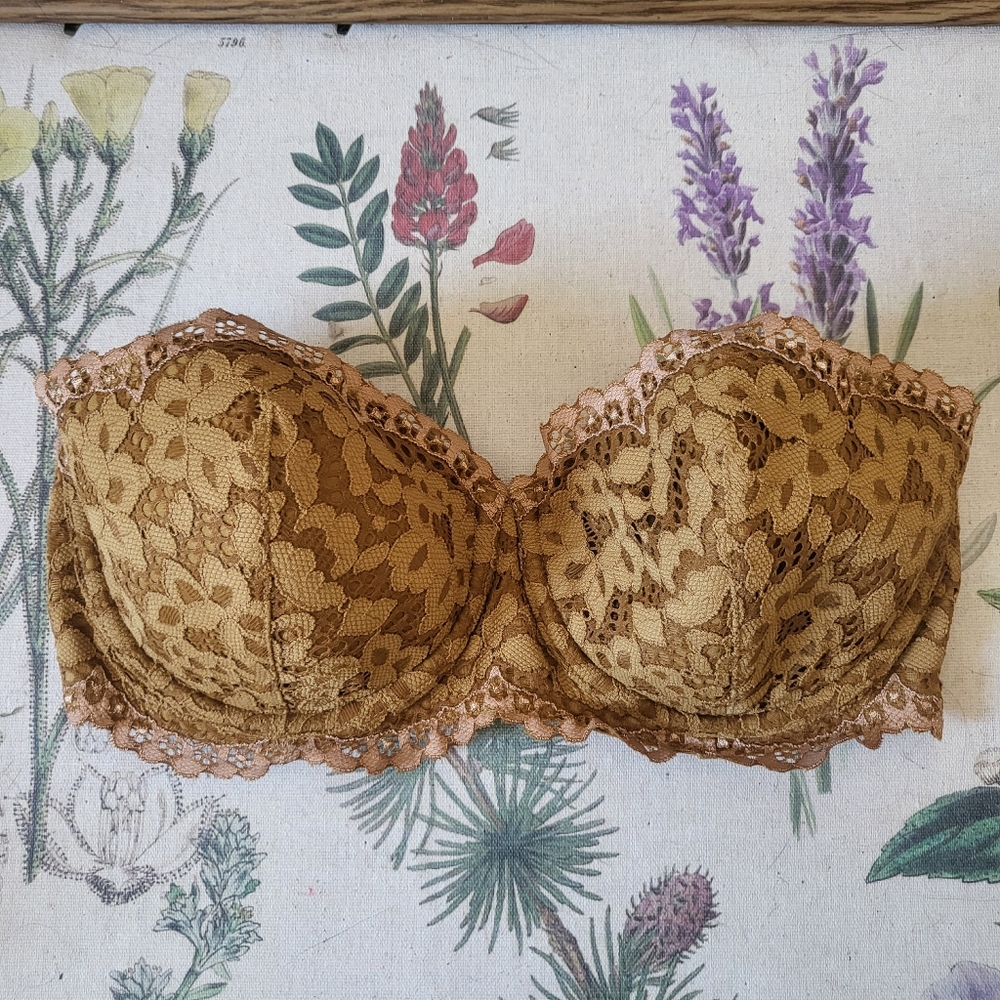 Victoria's Secret Body By Victoria Golden Tan Lace Balconette Bra Strapless 34D